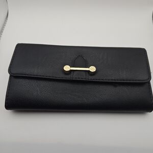 🖤 Black Faux Leather Clutch Wallet | Gold Bar Snap Closure | Long Wallet
